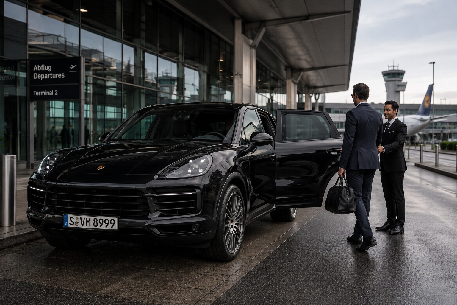 Flughafentransfer mit Chauffeur und schwarzem Luxus-SUV