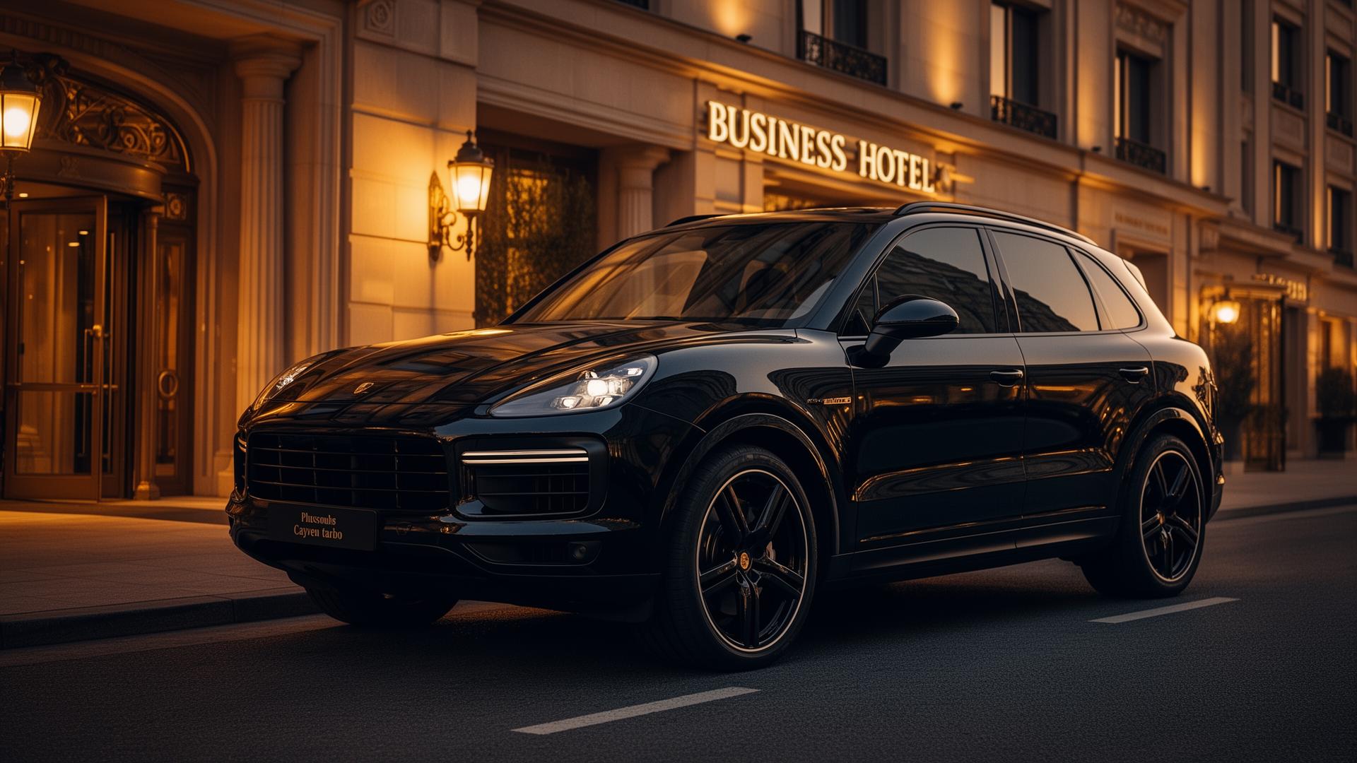 Luxuriöser schwarzer Porsche Cayenne vor Business-Hotel